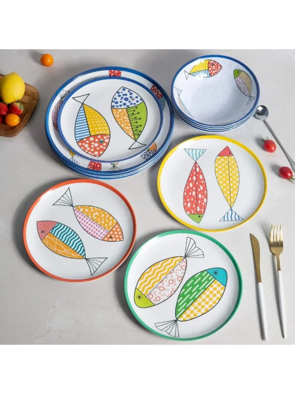 Stylish 12PCS Melamine Dinnerware Set for 4 - Fish Plates & Bowls, Durable